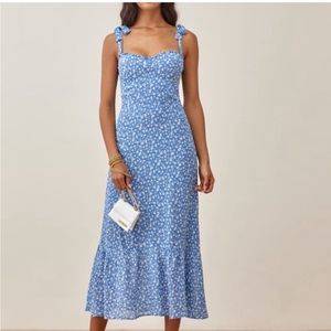 Reformation blue and white dress with zipper at back.